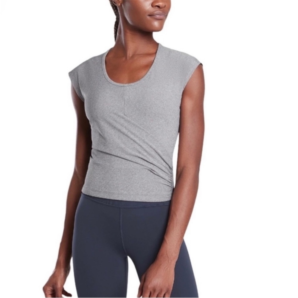 Athleta Grey Fitted Ruched Scoop Neck Athletic Top Large